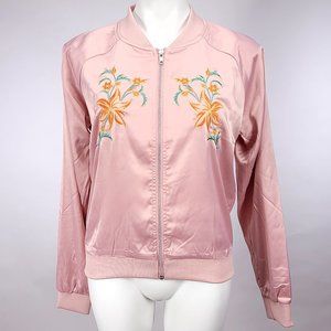 Romeo + Juliet Couture Dusty‎ Pink Satin Embroidered Floral Bomber Jacket Medium